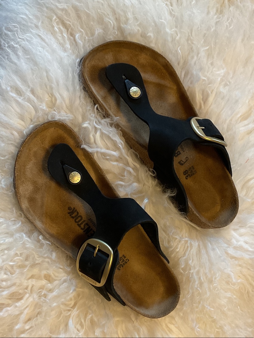 Birkenstock Black Toe-Post Sandals with Gold Buckles